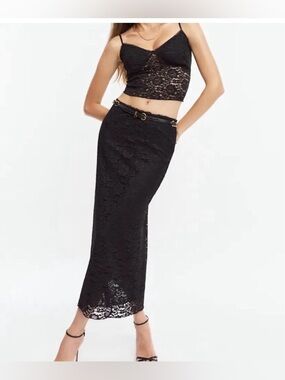 Reformation Black Lace Midi Skirt